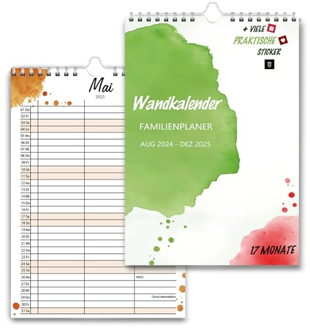 Wandkalender 3 Spalten mit Sticker - Planer für Zwei 2025 - Familienplaner Okt 24 - Dez 25 - Kalender 2024/25 - Familienkalender - Wandplaner - jahreskalender 21 x 30 cm