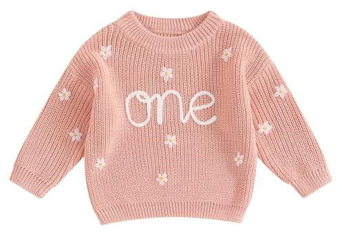 MAHUAOYIXI Maglione per il Primo Compleanno della Bambina, Casual a Maniche Lunghe, Girocollo, con Lettere e Fiori Ricamati, in Maglia a Costine, Maglione Caldo, Abbigliamento per Neonati, Maglia per