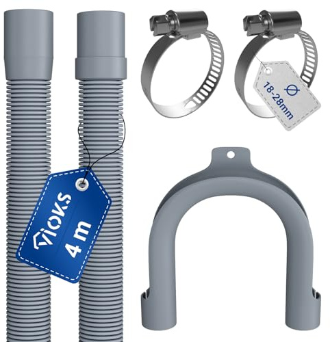 VIOKS Flexibel dräneringsslang tvättmaskin 4 m 19/22 mm Ø med 2 x slangklämmor rostfritt stål 18 – 28 mm Ø – avloppsslang diskmaskin med slangklämmor set och avloppsslangar för tvättmaskiner