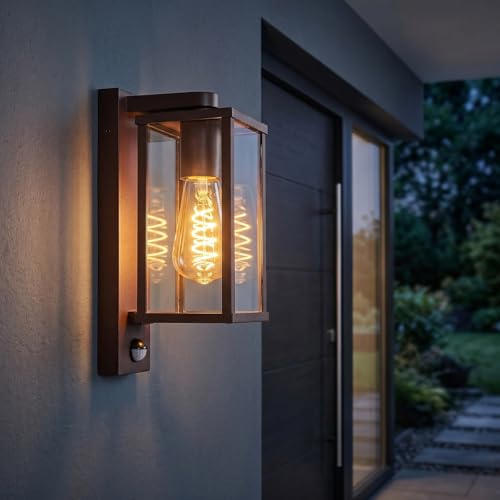 HOFSTEIN Außenwandleuchte Tourega, Außenwandlampe mit Bewegungsmelder aus Metall/Glas in Rost/Klar, Wandleuchte im Industrial/Retro/Vintage-Design mit Lichteffekt, E27, IP44, Eingangsbereich, Haustür