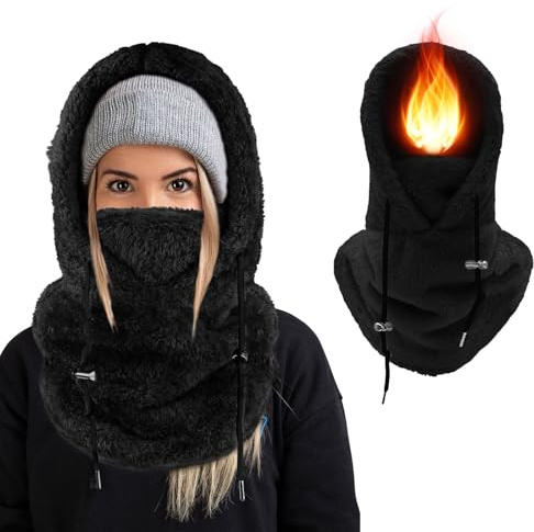 Lyneun Winter Thermal Ski Mask, Adjustable Balaclava with Neck Warmer Snood, Unisex for Winter Sports (Black)