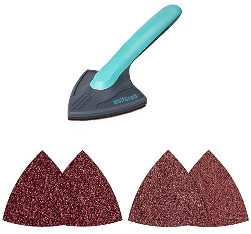 Bundle aus wolfcraft 5884000 Eckenschleifer I für schwer erreichbare Ecken oder feines Schleifen + wolfcraft Haft-Schleifblätter-Set für Holz/Metall I Korn 40, 60, 80, 120