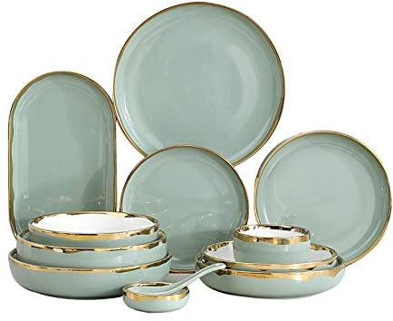 MOKLYF Service de Table en céramique avec Bordure dorée Vert Clair, Bols et Assiettes Ronds en Porcelaine, Service de Vaisselle en grès 26 pièces pour 6 Personnes, ser(