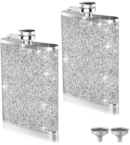2-Pack 8 Oz Bling Hip Flasks for Liquor, Hianjoo Leakproof Stainless Steel Flasks with Funnel Pocket Flask for Women, Portable Metal Flask for Camping Outdoor Activity Wedding Party Gift, Silver