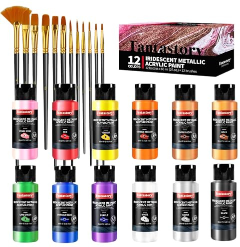 fantastory Metallic Iridescent Acrylic Paint Set with 12 Brushes, 12 x 2oz Metallic Colors, Color-Shifting, Craft Paint Kit, Metal/Canvas/Rock/Stone/Ceramic/Model/Wood Painting [Balanced Series].