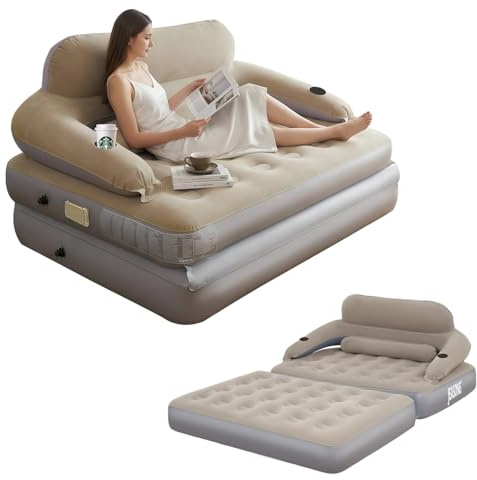 JEASONG Blow Up Couch Air Mattress Queen with Built in Pump, 2-in-1 Air Sofa & Inflatable Mattress, AirBed Blow Up Mattress with Headboard & Cupholder, Inflatable Couch for Camping, Movie Night, Guest