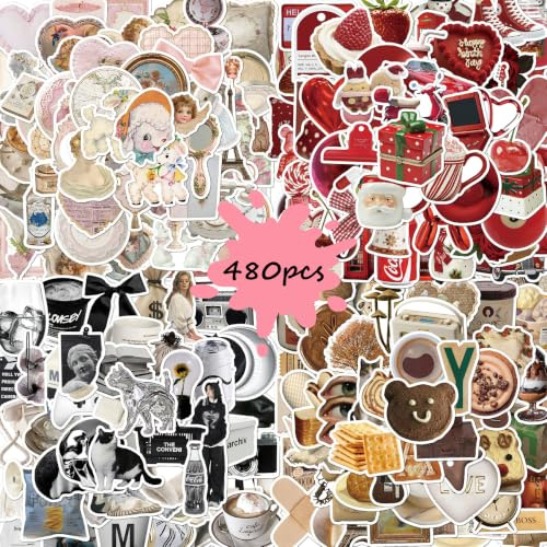 480 Stück Vintage Sticker Set, Ästhetische Aufkleber in 4 Farben – Rosa, Rot, Braun & Schwarzweiß – für Scrapbooking, Laptop, Tagebuch, Wasserflasche, DIY Dekoration
