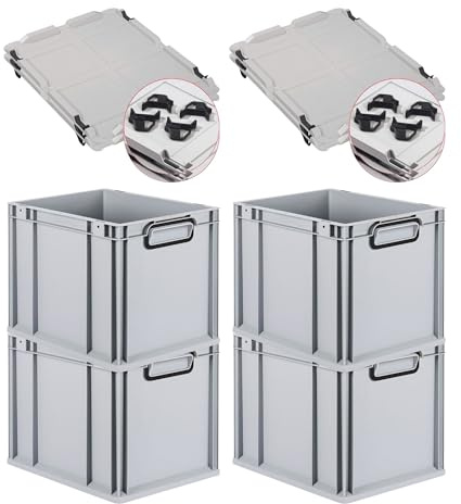 PROREGAL SuperSparSet 4x Eurobox NextGen Color mit Auflagedeckel und Schiebeschnappverschlüsse, HxBxT 32x30x40cm, 30L, Grau, Griffe schwarz zu, Eurobehälter, Transportbox, Transportbehälter