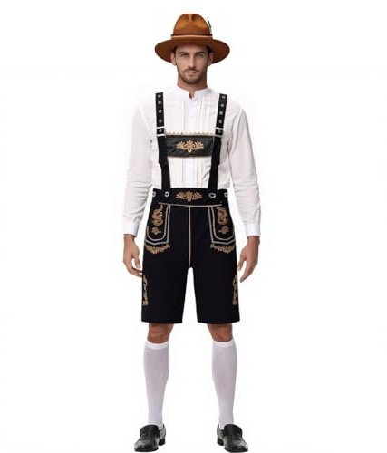 Bkazwe Tenue Bavaroise pour Homme Oktoberfest, Costume Traditionnel Bavarois pour Homme, Pantalon en Cuir avec Chemise Traditionnelle Chapeau et Chaussettes Ensemble Complet De Costumes Bavarois