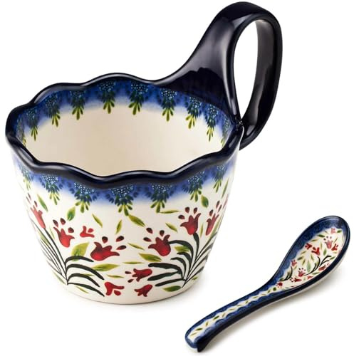 Cteaffee Ceramic Soup Bowl and Mug Set 14oz, Hand-Painted Floral Stoneware Coffee Cup with Spoon, Large Soup Bowls with Handle, Microwave & Dishwasher Safe Polish Pottery Style (Orchids)