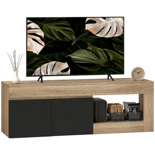 HOMCOM Supporto TV 140 cm, supporto TV per televisori fino a 60 con 2 ante a chiusura ammortizzata e vano a giorno, panca TV moderna per soggiorno, camera da letto, nero