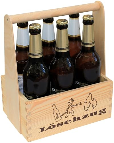 Geschenkissimo Bierträger Löschzug - Flaschenträger aus Holz für 6 Feuerwehr Bier, Geschenke für Männer, Feuerwehrmann, Feuerwehrfrau, Geschenkidee