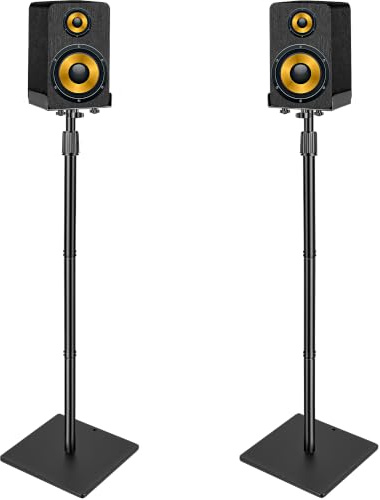 LASUK Lot de 2 Supports d'Enceinte Réglables en Hauteur de 115 à 140CM, Pieds Enceintes Satellites avec Gestion des Câbles, Supports de Haut-parleurs Jusqu'a 7KG, Support D'enceinte Universel, Noir