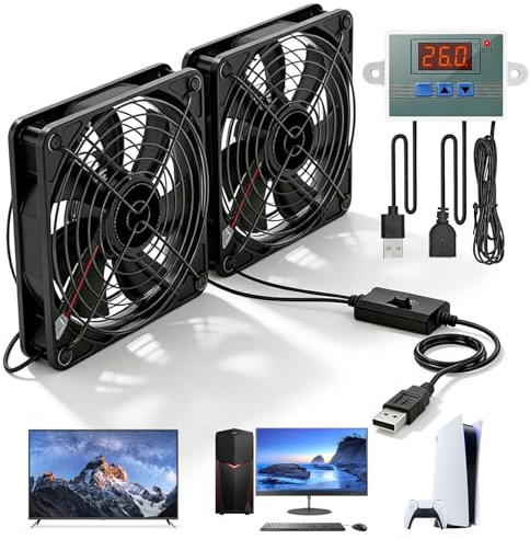 Ventilador USB de 120 mm con regulador de temperatura digital, ventilador USB para PC, ventilador doble con 3 velocidades ajustables, para PS5/portátil/TV Box/armario AV/router