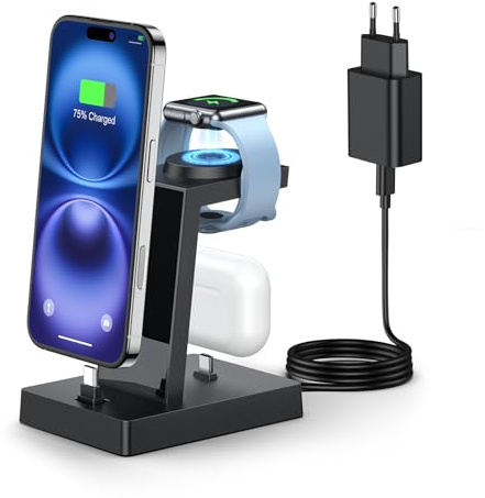 ADADPU Ladestation für mehrere Geräte, 30W USB C Schnellladestation | 3 in 1 Kabelloser Ladeständer für Apple Watch 11/10/9/8/7/6/5/SE Ladegerät für iPhone 17 16 15, Ohrhörer mit USB-C Anschluss