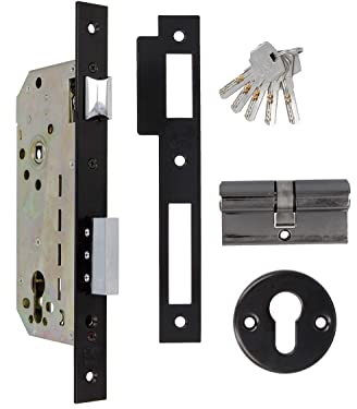 Amig - Cerradura de Embutir con Cilindro de Seguridad y Bocallave + 5 Llaves - Para Puertas de Madera de Entrada - De Acero Acabado en Negro - Picaporte Reversible - Para Manilla de 8 mm