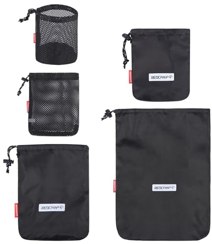 REDCAMP 5PCS Small Ditty Bags Set for Backpacking, Ultralight Nylon Mesh Drawstring Stuff Sack Assortment Storage Pouch Bags for Outdoor Camping Indoor Home, Black