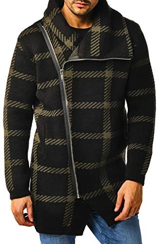 Leif Nelson Men Cardigan Jacket Shawl Collar LN-5990 Khaki-Black Medium