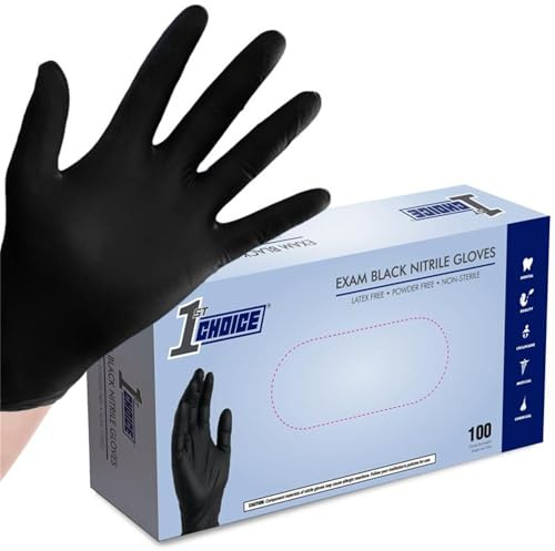 1st Choice Black Nitrile Exam Gloves 4 Mil Disposable Nitrile Food Safe for Cooking, Cleaning, Salon Use, Large, Box of 100