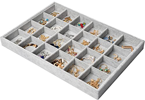 24 Griglie Vassoio Gioielli Velluto per Cassetto, Impilabili Organizer Gioielli Vassoi Portaoggetti, Scatola Porta Gioielli Rimovibile Vassoio Espositore Gioiello per Anello Collane Orecchini (Grigio)