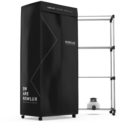 NEWLUX - Secadora de Ropa Eléctrica Portátil Secadry NEgro con Luz UV para Desinfectar. Capacidad 15Kg, Temp. 180min, 4 Niveles. Secadora por Ventilación (1200W) 3 en 1. Ideal como Armario y Tendedero