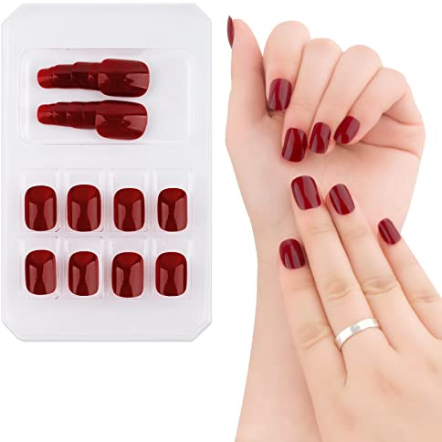 COLOFALLA 24 Stück Nägel zum Aufkleben Rot Dunkelrot Künstliche Nägel Falsche Nägel Kurz Fingernägel Fake Nails DIY Nagelkunst für Frauen Damen mit Klebepads für Hochzeit