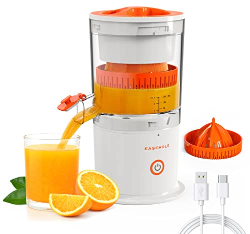 EASEHOLD Citrus Juicer, Portable Electric Lemon Squeezer, Rechargeable Orange Press Juicing with USB C Charging, Hands-Free Automatic Fruit Juicers, One-for-All Extractor Lime Juice with 2 Cones