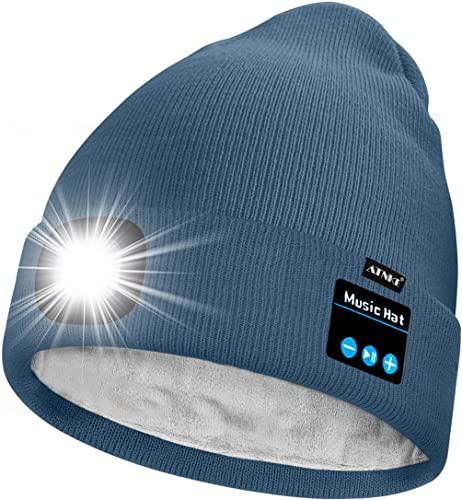 ATNKE Unisex LED Bluetooth Mütze mit Licht,Wiederaufladbare USB 4 LED Musik Redner Laufmütze Lampe Winter Warme Gefüttertes Fleece Stricken Mütze für Herren und Damen Geschenke