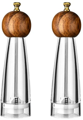 Reiwosee Manuel Acrylique Transparent Moulins à Poivre et Classique Moulin Sel 2pcs 8pouces, Bois Massif Manuel Rotor Poivre Moulin, Sel Avec Noyau en Céramique Réglable Grossier, Broyage de épices