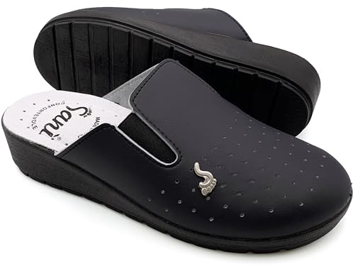 Anatomische Gesundheitsschuhe für Damen, Hausschuhe aus echtem Leder, orthopädische Schuhe mit verstellbarem Gummiband, Made in Italy, blau, 39 EU