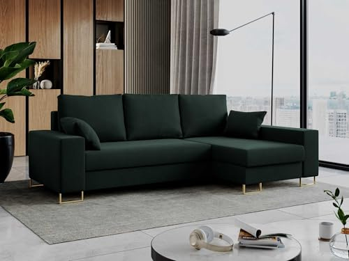 MKS MEBLE Ecksofa Dorian L-Form, Wohnlandschaft mit Schlaffunktion & Bettkasten, Schlafsofa mit Kissen, Couch mit Schlaffunktion - Bezug Samt (Velvet), Farbe Grün