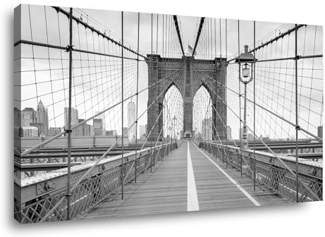 Visario Leinwandbild Brooklyn Bridge New York City Schwarz Weiß 120x80 cm – XXL Wandbild auf Leinwand fertig aufgespannt | Kunstdruck Städte Architektur Brücke | Dekoration Wohnzimmer Büro