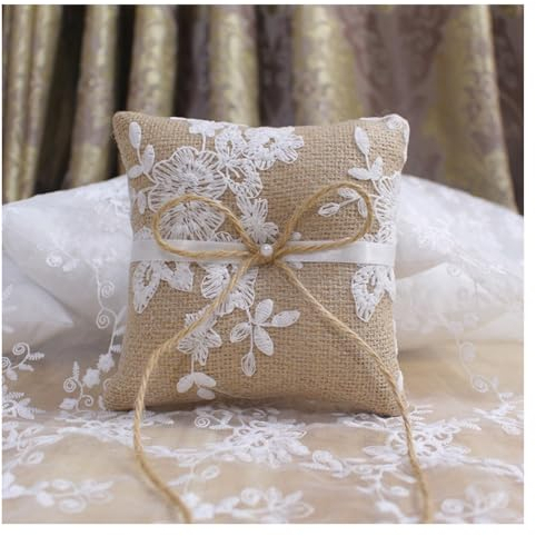 Hrlace Cuscino per anelli da matrimonio, vintage, in iuta, in pizzo, per matrimonio, in iuta, per accessori rustici, anelli, orecchini, bracciali, 15 x 15 cm, 1#