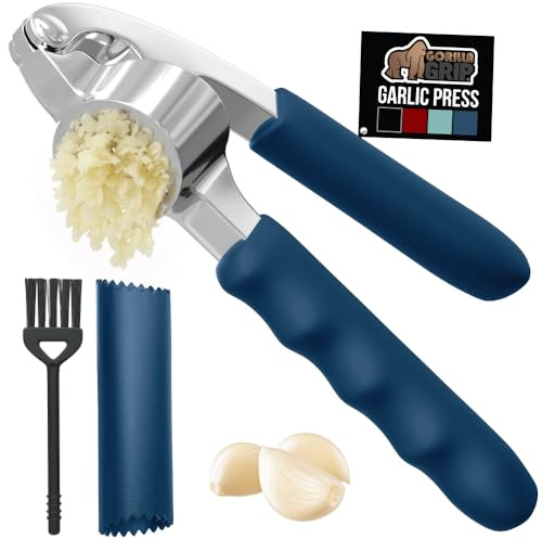 Gorilla Grip Garlic Press and Peel Set, Heavy Duty Mincer Tool, Easily Mince and Crush Garlics, Ginger, Nuts, Seeds, Large Ergonomic Handle, Peeler Included for Peeling Cloves, Kitchen Gadgets, Blue