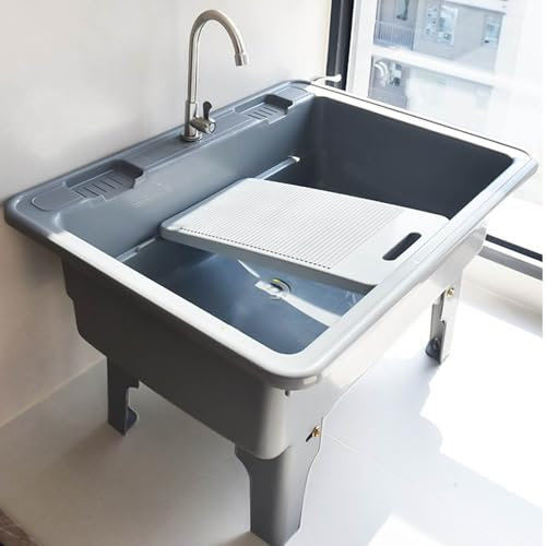 Freestanding Plastic Laundry Sink with Washboard,utility Sink Laundry Tub with Hot And Cold Faucet，laundry Pool Bathroom Cleaning Basin Slop Vessel Sink,for Washing Room Basement Garage Garden