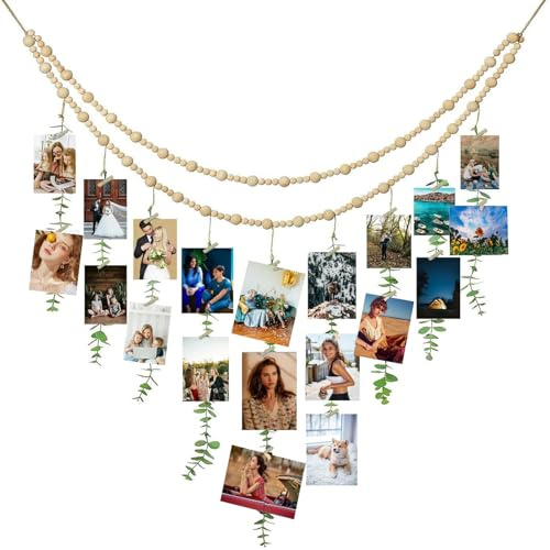 Bilderrahmen Collage, Fotowand Mit Klammern Groß, Fotowand Aus Holz, Mit Holzperlen Und Künstlichen Eukalyptusblättern, Bilder Aufhängen Schnur Für Wanddekoration, Bilderwand, Postkartenhalter Wand
