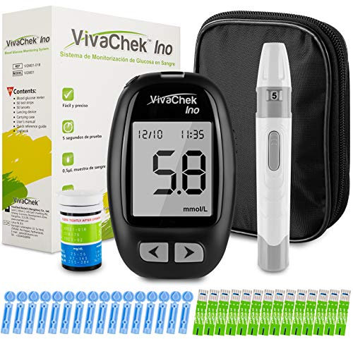 Medidor de glucosa en sangre, kit medidor azucar con tiras de 50, recordatorios de prueba y 900 memorias por VivaChek Ino glucometro - mg/dL