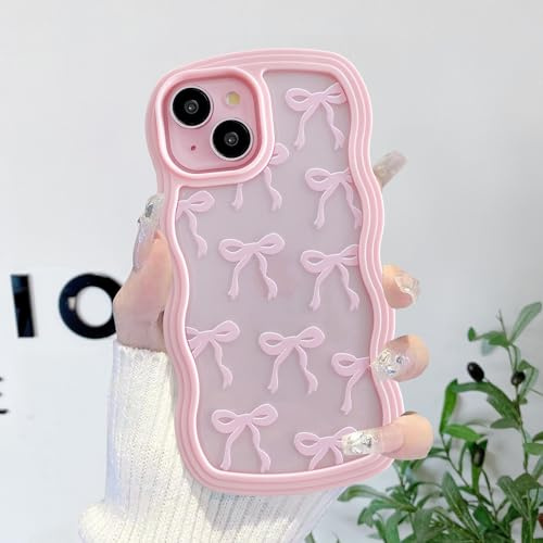 QLTYPRI Schleife Hülle für iPhone 13/14, Ästhetische Niedliche Süßer Band Fliege Handyhülle Klare Wellen Lockige Case für Frauen Mädchen, Schlanke Stoßfeste Silikon Bumper Schutzhülle - Rosa