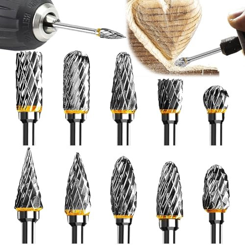 Begpoee 10 Piezas Juego de Fresas Rotativas, Juego de Fresas Giratorias de Tungsteno para Herramienta Giratoria, Fresas de Carburo Rotary Archivo Tungsteno Acero, Para Grabado, Taladrado(Plata)