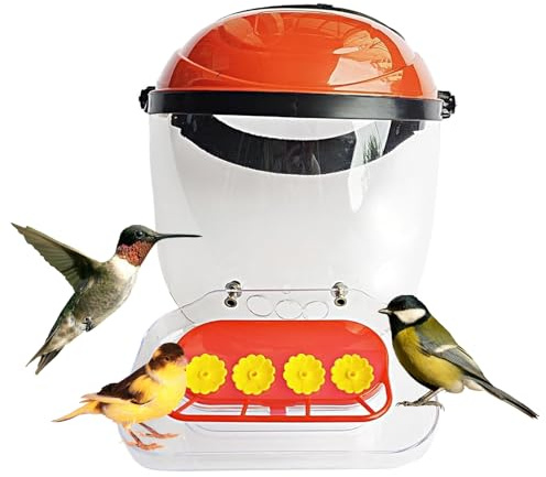 Bärbar matdispenser av kolibri, fågelmatstationer för trädgård och terrass | 4 foderöppningar tillbehör, ansiktsskydd, justerbart pannband för terrass, trädgård, fönsterbräda