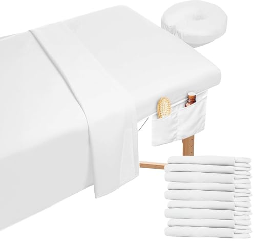 9-teiliges Mikrofaser Massageliegen Bezug Set – 3 Spannlaken mit Seitentasche, 3 Flachlaken & 3 Gesichtsausschnitt Bezüge, Weiche Massagetisch Laken für Spa, Wellness, Kosmetikstudio & Hotel (Weiß)