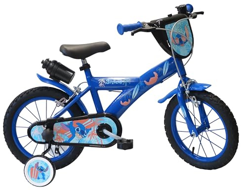Leo & Stitch Jungenfahrrad 35,6 cm (14 Zoll), ausgestattet mit 2 Bremsen, dekorativer Frontplatte, Kanister hinten + 2 Stabilisatoren