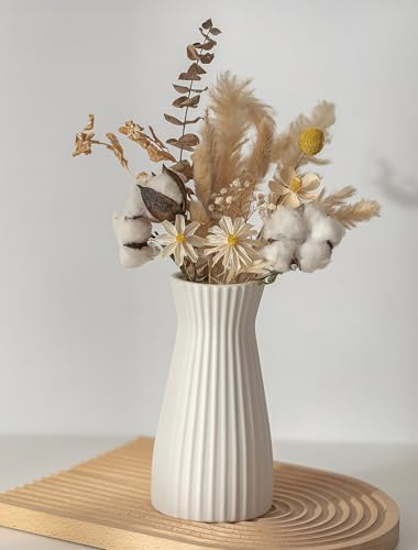 NUPTIO White Ceramic Vase for Flower: 20 cm Farmhouse Decorative Pampas Grass Vases for Living Room Kitchen Bedroom Bathroom - Modern Ribbed Centrepiece for Shelf Coffee Table