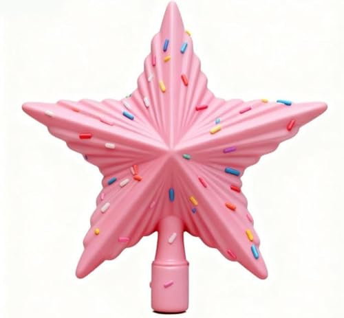 QOXEZY Adorno de estrella de corona de árbol de Navidad, plástico rosa y blanco, decoración de 5 puntos para decoración de árbol de vacaciones, 20,5 x 4 x 19,5 cm, decoración festiva ligera para el