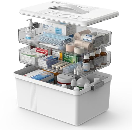 Lonsomu 3-Stöckige Medizinbox, Medikamenten Aufbewahrung, Hausapotheke Box mit Griff und Herausnehmbarem Fach, Ideal für Haushalt und Reisen, Multifunktional, Platzsparend, Übersichtlich