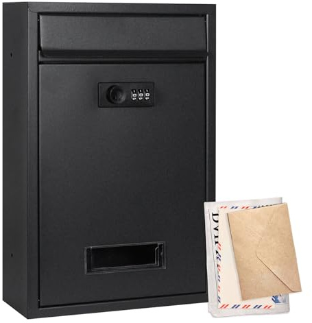 Cassetta delle lettere nera, con serratura a combinazione, resistente alle intemperie, in acciaio, resistente alla pioggia, per esterni, 32 x 21,7 x 8,4 cm