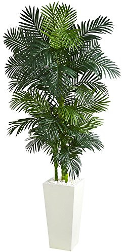 Nearly Natural Golden Cane Palm Artificial Tree in White Tower Planter