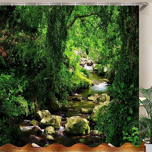 JOOCAR Garten Duschvorhang, Grün Natur Wald Dschungel Tropischer Regenwald Wald Bach Moosige Felsen Sommerlandschaft Landschaft Wasserdichter Stoff Badezimmer Dekor Set mit Haken, 183 x 183 cm