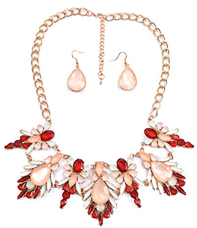 YAZILIND Luxus Edelstein Halskette Angelhaken Baumel Ohrringe Frauen Pullover Schlüsselbein Kette Party Schmuck Set (Rot)
