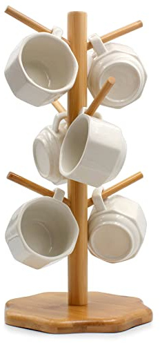 Gihunk Bamboo Countertop Mug Tree Stand with 6 Hooks, Octagon Base Coffee Cup Tree